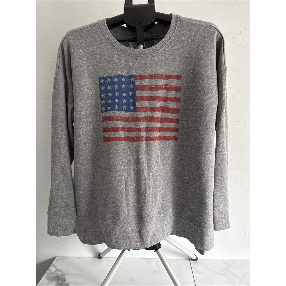 Lucky Brand Women Medium Gray Distressed American Flag USA Pullover Sweatshirt